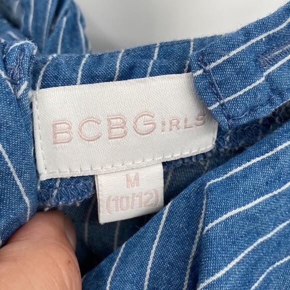 BCBGirls Stripes Off-The-Shoulder Ruffle Trim Summer Dress Blue Size M 10/12 - Picture 4 of 7